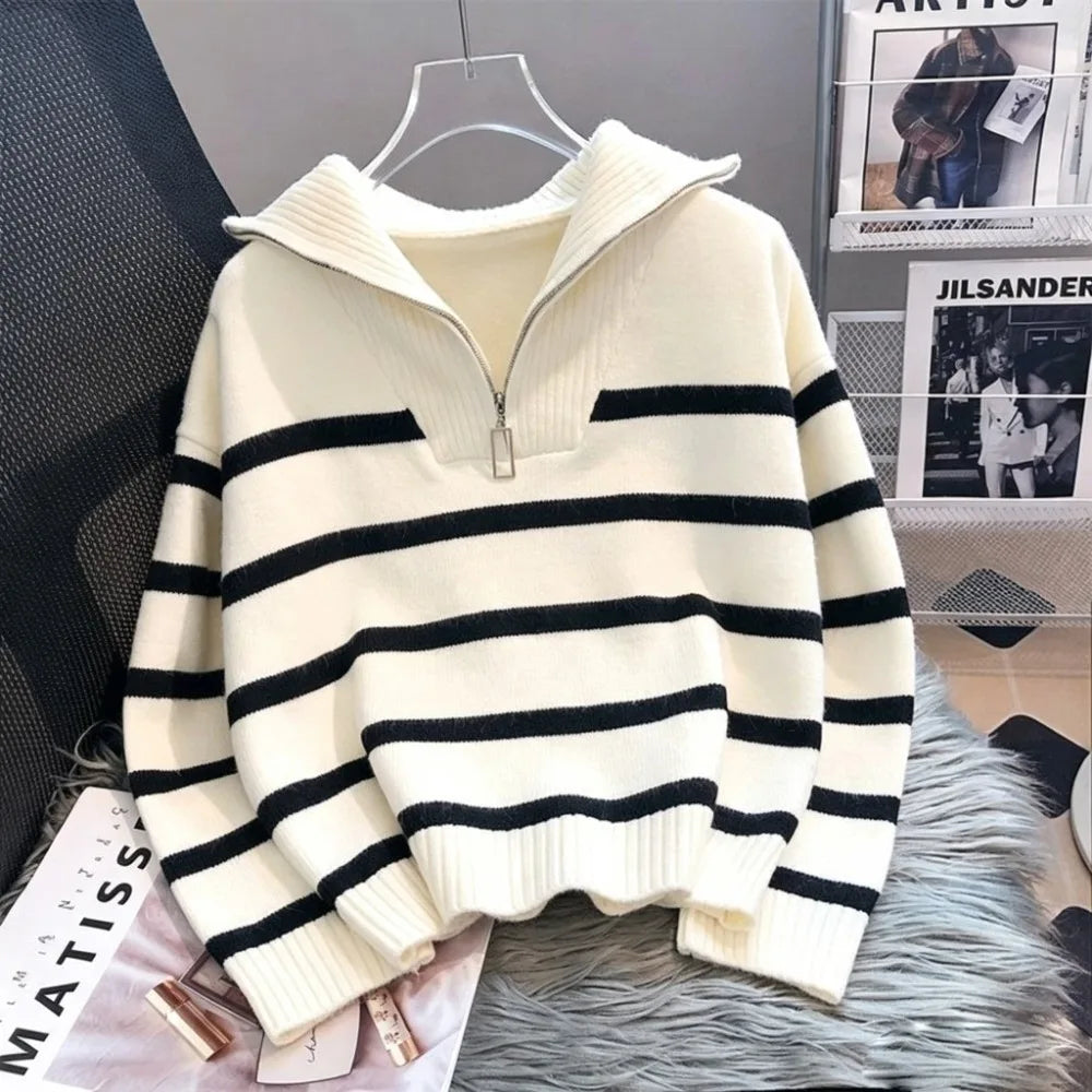 Short Length Striped Sweater Thick Knit Half Zip Design Half Zip Pullover Ribbed Collar Striped Pattern Casual Inner Wear