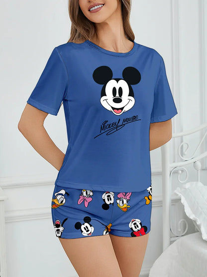 Women's 2-piece Disney Mickey and Friends Cute Cartoon Pattern Short sleeved Top and Shorts Pajamas Home Clothes