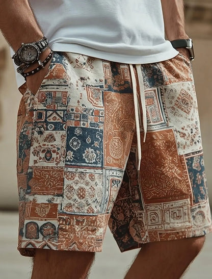 Men's Boho Color Block Patchwork Casual Shorts, Retro Ethnic 3D Print Elastic Drawstring Waist Shorts, Spring Summer Beach