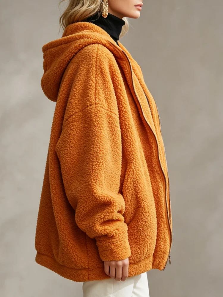 Women Loose Teddy Fleece Coat Hooded Zip Up Solid Orange Warm Sherpa Outerwear Fall Winter Daily Street Casual Jacket