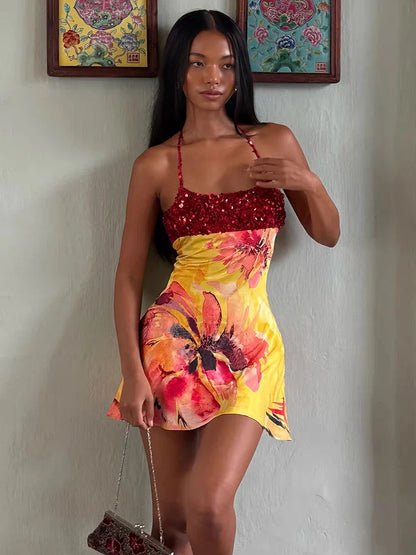 Weird Puss Floral Print Backless Dress Women Trend Halter Sequin Patchwork Bandages Sleeveless Stretch Sexy Vacation Bodycon