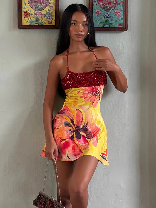 Weird Puss Floral Print Backless Dress Women Trend Halter Sequin Patchwork Bandages Sleeveless Stretch Sexy Vacation Bodycon