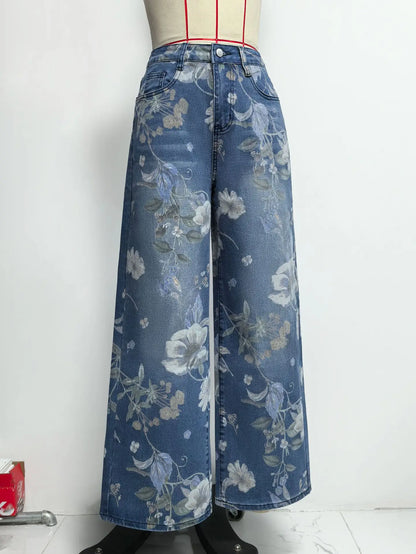 New for 2026: Women's Blue High-waisted Stretch Jeans, Vintage-style Loose-fit Wide-leg Denim Pants with A Floral Print.