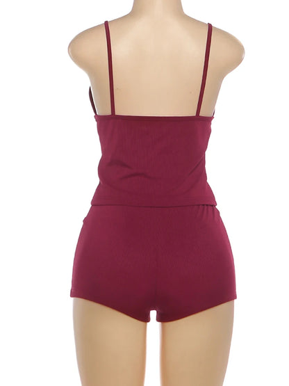 Kliou Ribbed Fashion 2 Piece Set Woman Low-Neck Backless Tank Tops+Skinny Mini Shorts Daily Home Casual Style Classic Outfits