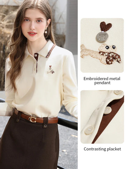 Polo Neck T-shirt - Long Sleeve Apricot Top With Embroidery Detail | Casual Women Shirt