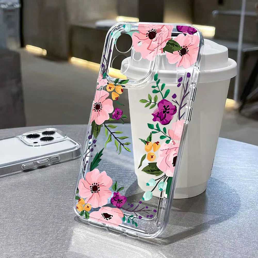 Clear Phone Case For Samsung S26 S25 Ultra S24 S23 S22 S21 A57 A37 A17 A07 A56 5G A36 A26 A16 A55 A54 A53 Pink Flower Soft Cover