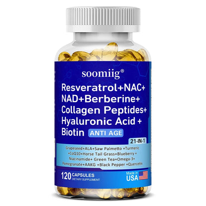 NAD +,Containing Resveratrol,Collagen Peptides,Turmeric and More 21-in-1-Enhances Cell Vitality,Promotes Cell Repair,Anti-aging