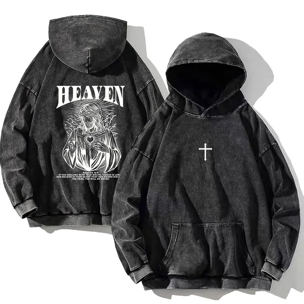Vintage PSALM 91:11 Print Cotton Washed Hoodie Casual Hip Hop Men Women High Street Retro Hooded Sweatshirt Winter Pullover