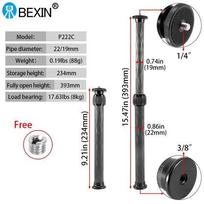 Selfie Stick With 1/4 or 3/8 Screw Tripod Carbon Fiber Central Axis Extension Rod Adjustable Extension Rod for DSLR Cameras