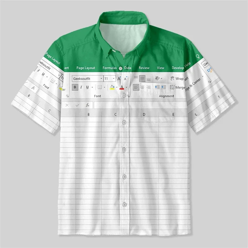 Fun Excel Spreadsheet 3D Print Sport Quick-dry Men Women Shirts Casual Vacation Button Design Creative Y2K Work Short Sleeve Top