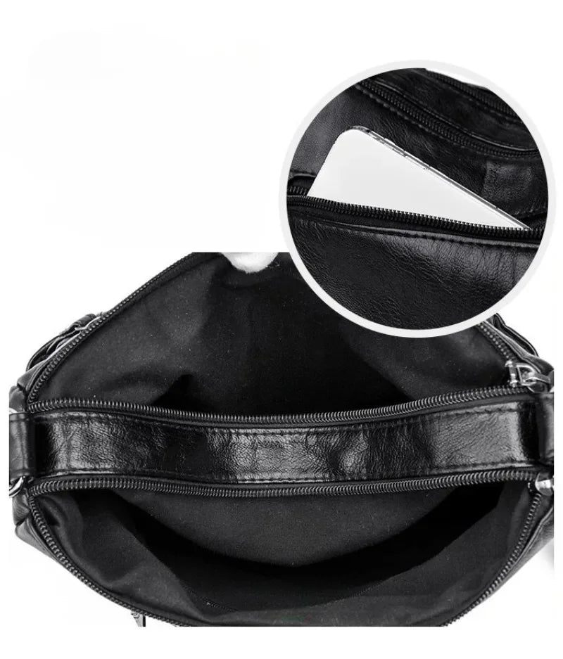 Soft Leather Shoulder Bag - Women's Crossbody Double Layered Large Capacity Tote