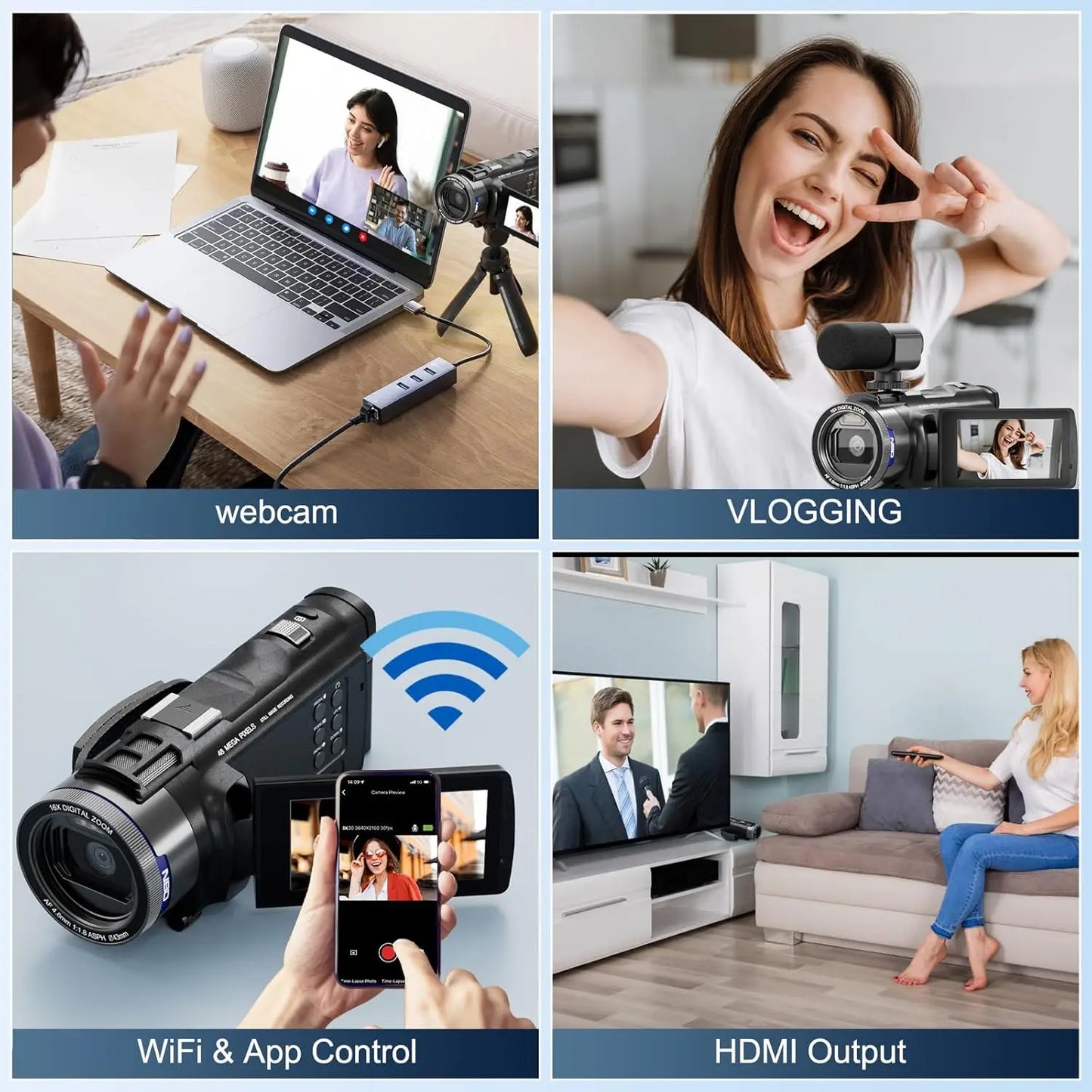 4K Camcorder - 48MP Vlogging Camera with 16X Digital Zoom & WiFi Control