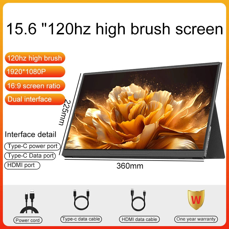 Portable Gaming Monitor 15.6 Inch FHD 1080P IPS Panel - 120Hz Refresh Rate, HDMI USB-C Second Screen