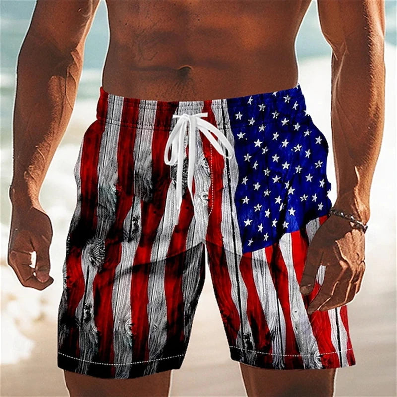 Men Board Shorts - American Flag Print 3D Printed Beach Swim Trunks For Summer