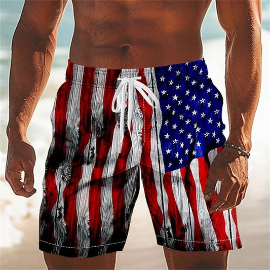 Men Board Shorts - American Flag Print 3D Printed Beach Swim Trunks For Summer