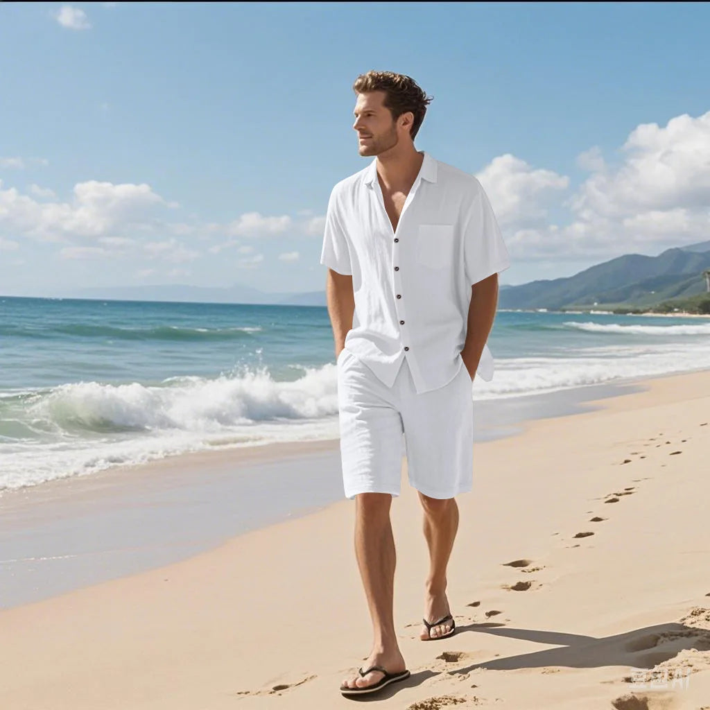 Summer Men's New Linen Loose-Fitting, Versatile, Comfortable, Breathable and Quick-Drying Beach Short-Sleeved Short Pants Set
