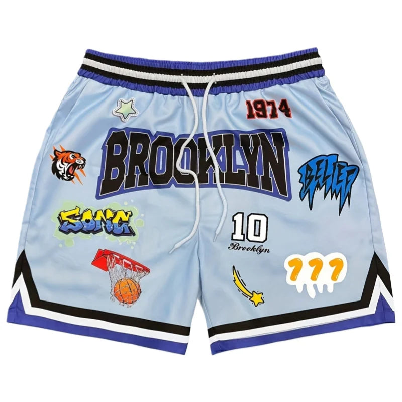 Summer Brookyln Y2K Graphic Print Basketball Shorts Men's Casual Quick-dry Beach Shorts Comfy Relaxed-Fit Flexible Moto Shorts