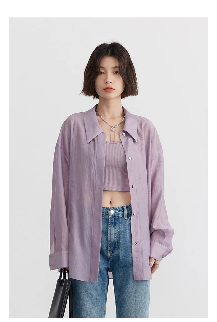 CHIC VEN Women Thin Shirt Long Sleeve Casual Loose Slightly Transparent Cool Blouses Woman Solid Design Female Top Summer 2026