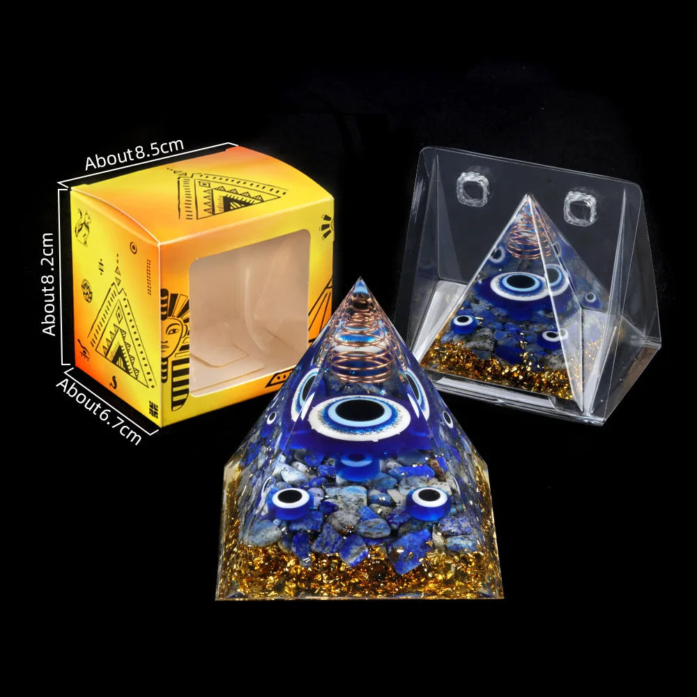 Evil Eye Crystal Pyramid Blue Eyes Natural Lapis Lazuli Stones Healing Crystals Resin Pyramids for Home Decor Ornament Gift Box
