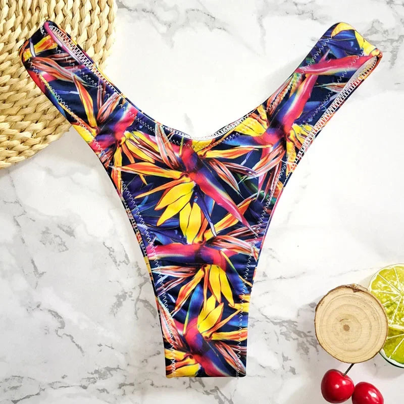 Sexy Flower Print Swimwear Women Briefs V Shape Bikini Bottom Brazilian Thong Swimsuit Classic Cut Bottoms Biquini Swim Short