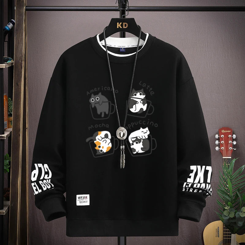 Spring Men's Sweatshirt Japan Cartoon Cats Printed Long Sleeve T-shirt Fashion Men's Clothing Khaki O Neck Harajuku Top 2024 New