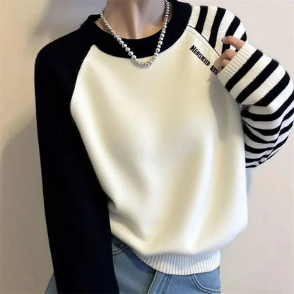 Korean Lady Round NNeck Casual Sweater Spring Autumn Women Fashion Long Sleeved Pullover Knit Female Contrasting Striped Knitted