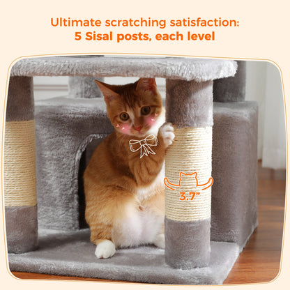 Large Cat Tree - Multi Level Indoor Cat Tower With Sisal Covered Posts & Spacious Condo