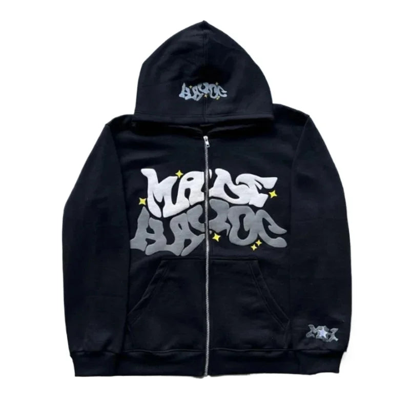 New trendy retro American letter-zippered hooded sweatshirt, unisex millennium-style jacket for autumn and winter