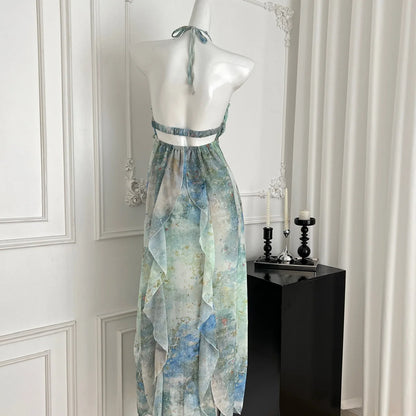 2025 Elegant Halter Neck Ruffled Maxi Dress Women Blue Green Floral Print Bohemian Design Beach Vacation Casual Party Dress New