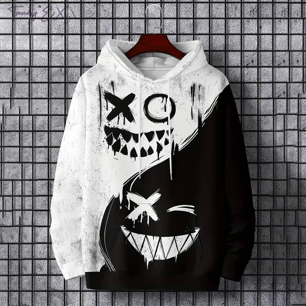New autumn men's fashionable smiling face design printed soft and comfortable hooded sweatshirt outdoor streetwear