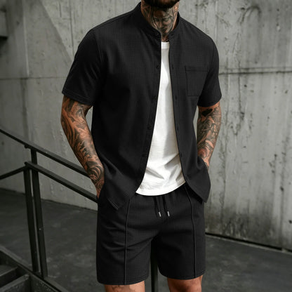 Men's new summer style waffle plain-color crew-neck t-shirt with pocket short-sleeved set with beach shorts men's casual suit