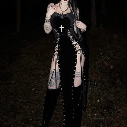 Goth Dark Punk Grunge High Split Hem Straps Dess 90s Streetwear Gown Women Sexy Corn Bandage Velvet Dresses Mall Gothic Clothing