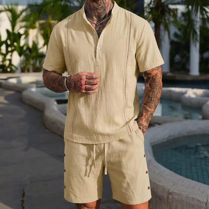 Men's Summer Fashion Cotton Linen Short-Sleeved Shirt And Breathable Short Pants Set Casual Lightweight Personalized Clothing