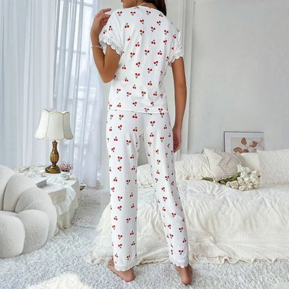 New Fashion Women's Pajamas Autumn and Winter Collar Lace Printed Shirt Trousers Homewear Homewear Homewear Lingerie