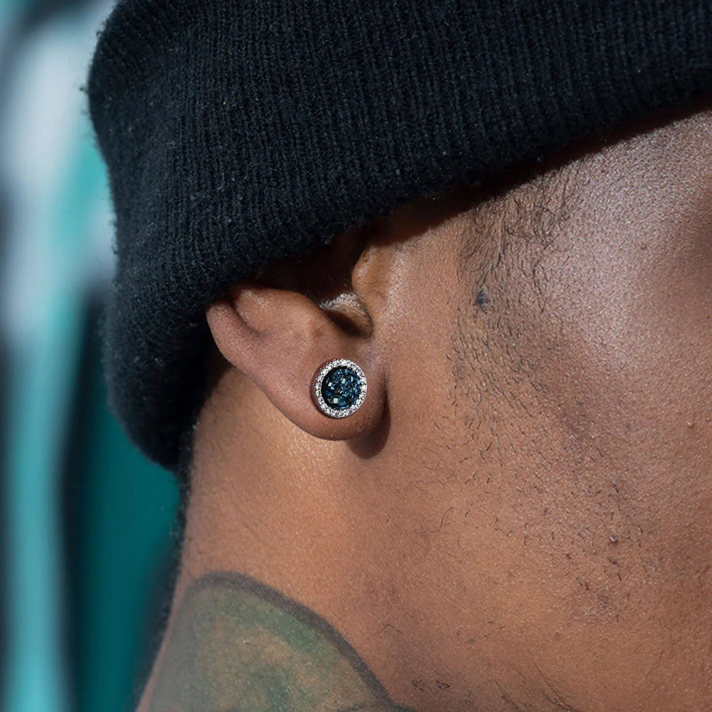 Vnox Black Crystal Round Circle Earrings for Men, Full Blue CZ Stone Ring Stud Earrings, Gothic Simple Piercing Ear Jewelry