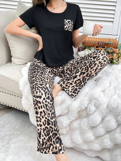 Women's Pajamas, Casual Leopard Print Comfortable Top with Pockets, Short Sleeves and Long Pants, Can Be Worn Outside, Loungewear Pajama Set