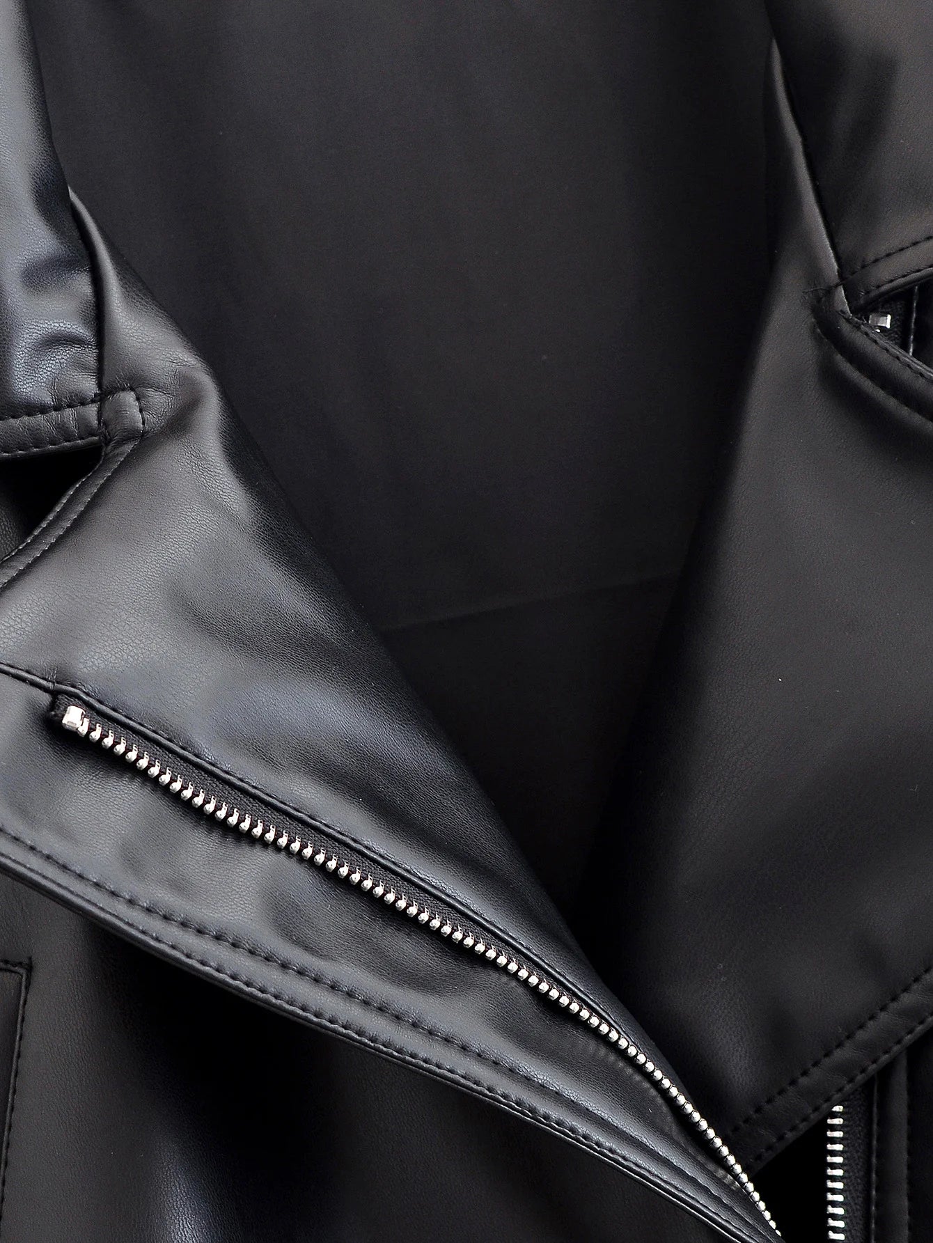 Faux Leather Trench Coat - Women's Black Belted Lapel Jacket With Zipper Closure
