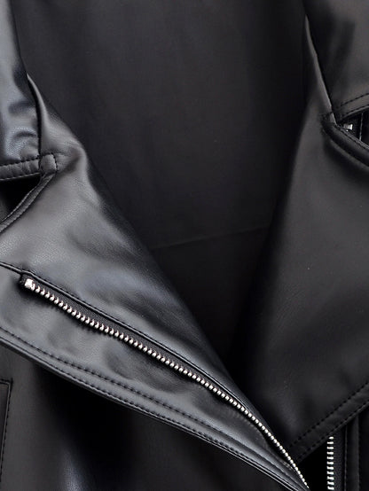 Faux Leather Trench Coat - Women's Black Belted Lapel Jacket With Zipper Closure