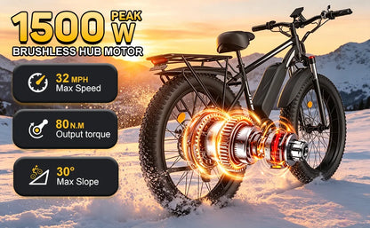 Black Electric Bicycle 1500W Powerful Motor 48V 15AH Lithium Battery Motorcycle Electric Bike 26*4 in Fat Tire Snow E-bike