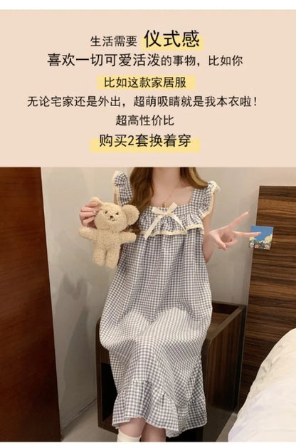 Women Korean Sweet Plaid Bow Design Nightgown with Straps Sleep Dress Cute Summer New Loungewear Y2K Nightgown with Built-in Bra