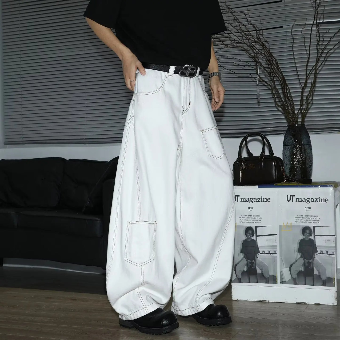 Y2K Men's Jeans White High-Waisted Wide-Leg Denim Pants Retro Baggy Style Fashion Loose Fit Casual Denim Trousers Streetwear