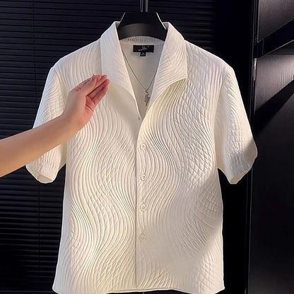 Men's British Style Wavy Textured Short Sleeve Shirt Casual Fashion Button Down Blouse