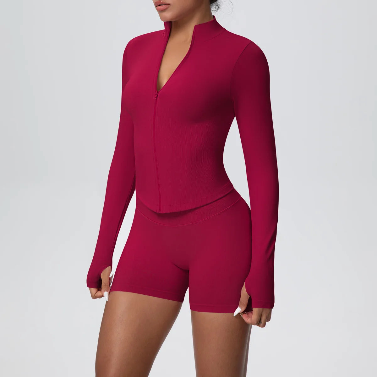 Women Gym Set - Seamless Yoga Suit With Zip Shirt & Cycling Shorts Activewear