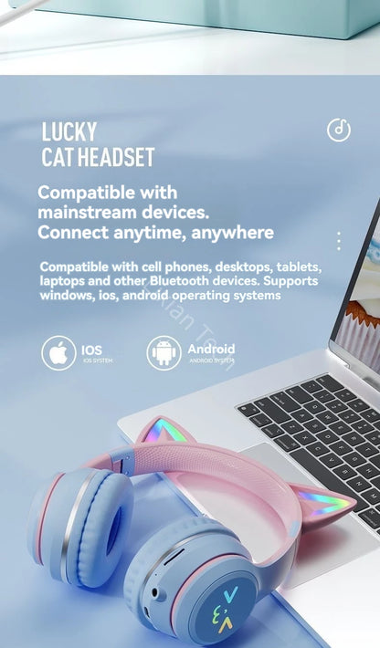 RGB Luminous Cat Ears Wireless Bluetooth Headphones With Microphone Headset Gamer Girl Call Noise Reduction Hifi Sale Handfree