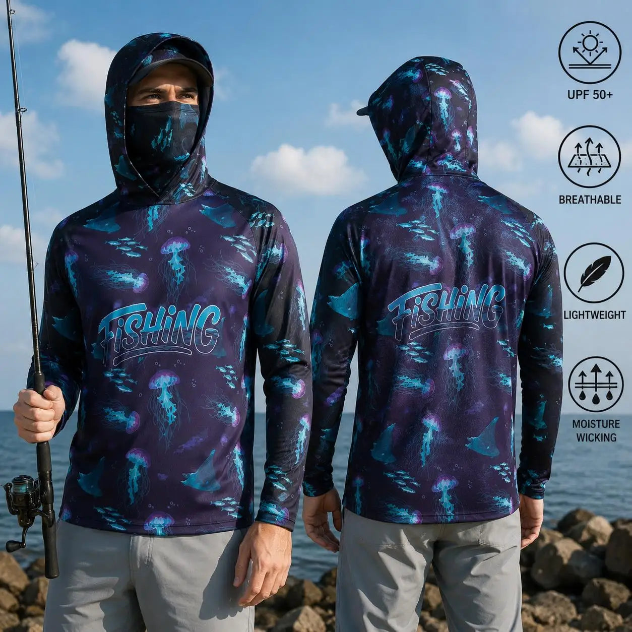 Fishing Shirt Hooded Men Fishing Clothes Long Sleeve Outdoor Summer Mask Hoody Tops Sun Protection Performance Jersey