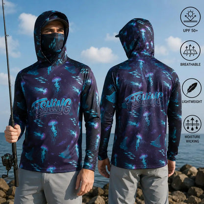 Fishing Shirt Hooded Men Fishing Clothes Long Sleeve Outdoor Summer Mask Hoody Tops Sun Protection Performance Jersey