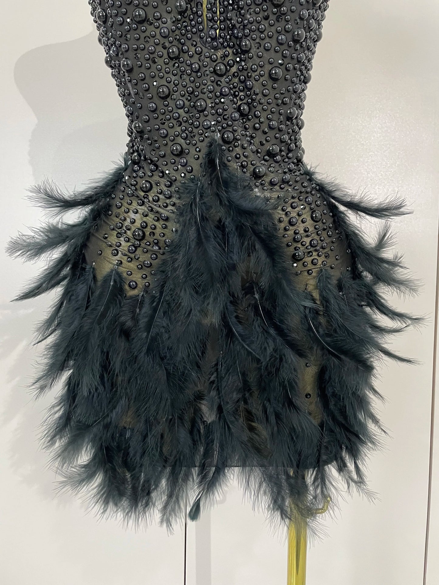 Backless Halter Dress - Women's Party Mini Sheath With Rhinestone & Feather Details