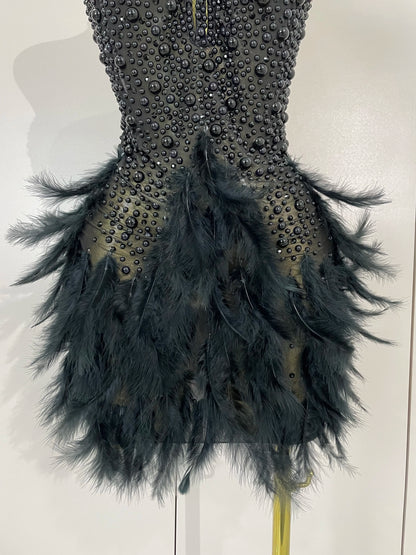 Backless Halter Dress - Women's Party Mini Sheath With Rhinestone & Feather Details