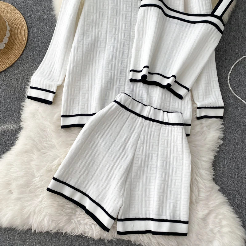 SINGREINY Autumn Knitwear 3PC Sets Long Sleeves Cardigan+Single Breasted Spaghetti Strap+High Waist Elastic Shorts Casual Suits