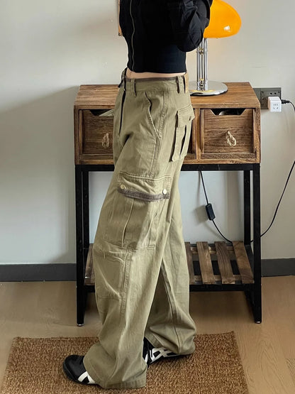 American Retro Workwear Denim Pants Women's High Waist Wide Leg Loose Straight Cut Trousers Spring Autumn New Sle Multi ket